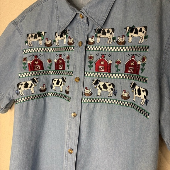 Vintage Passion Denim Shirt Barnyard Embroidery Short Sleeves Women’s Size Large - Picture 2 of 10